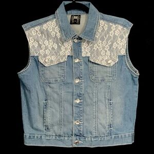 RU Apparel Lace & Rhinestone Embellished Denim Vest